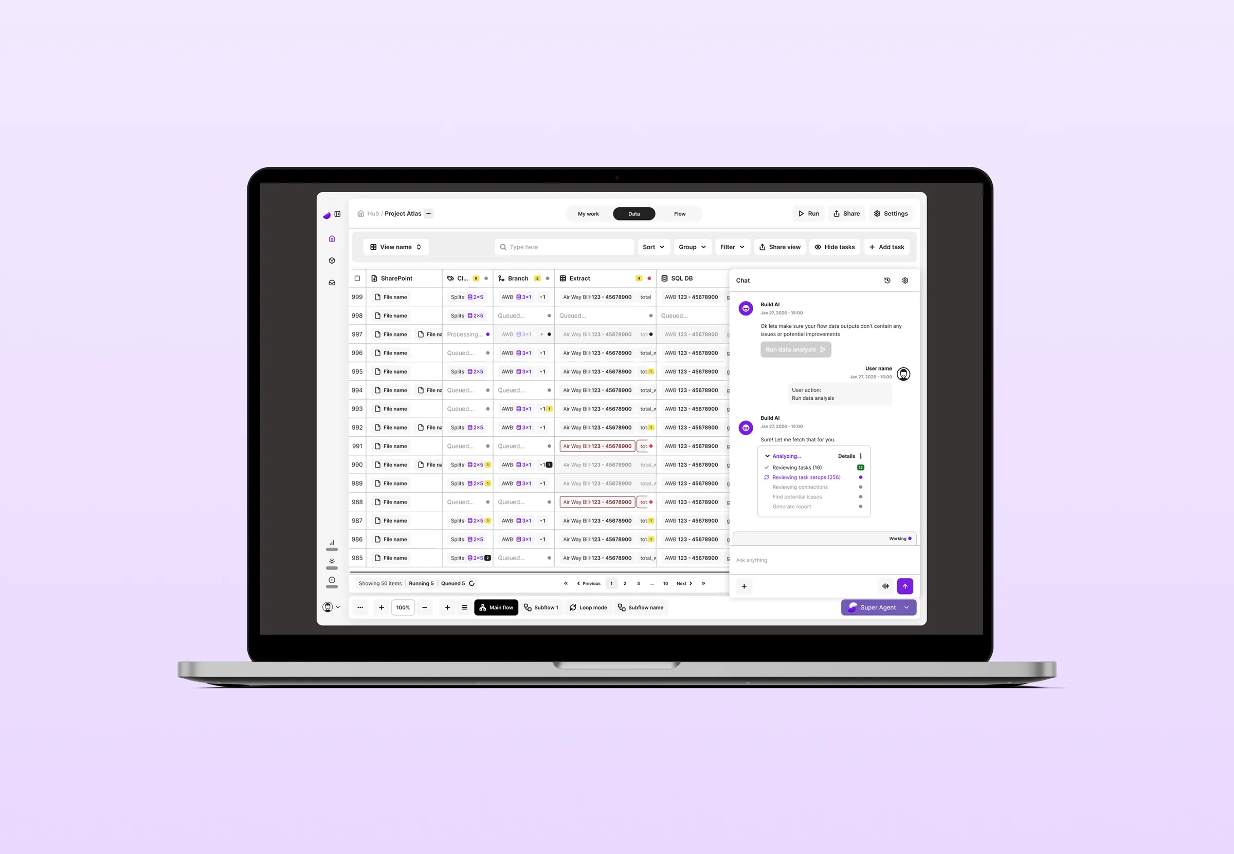 The super.AI Flows app on a laptop, showing a data table of processing tasks alongside the Build AI chat panel