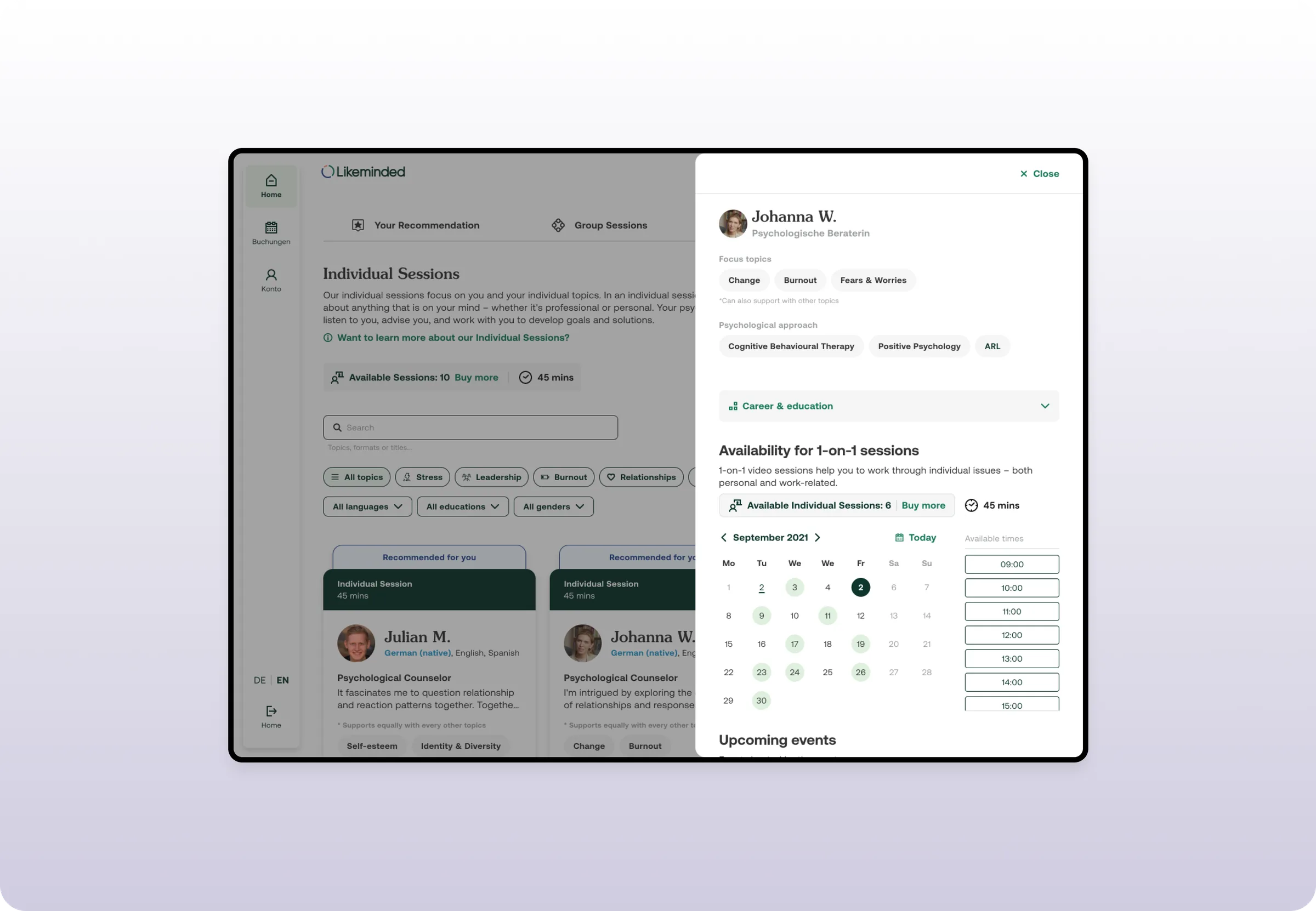 Booking a session: the individual sessions list with filters, and a counsellor profile showing focus topics, approach and a calendar of available times