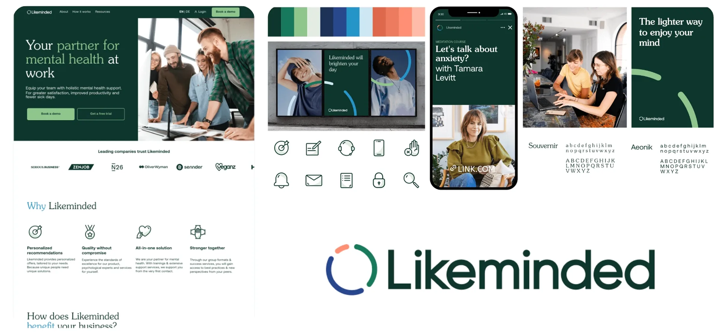 The new brand system: logo, colour palette, icon set, typography and the redesigned marketing site and social applications