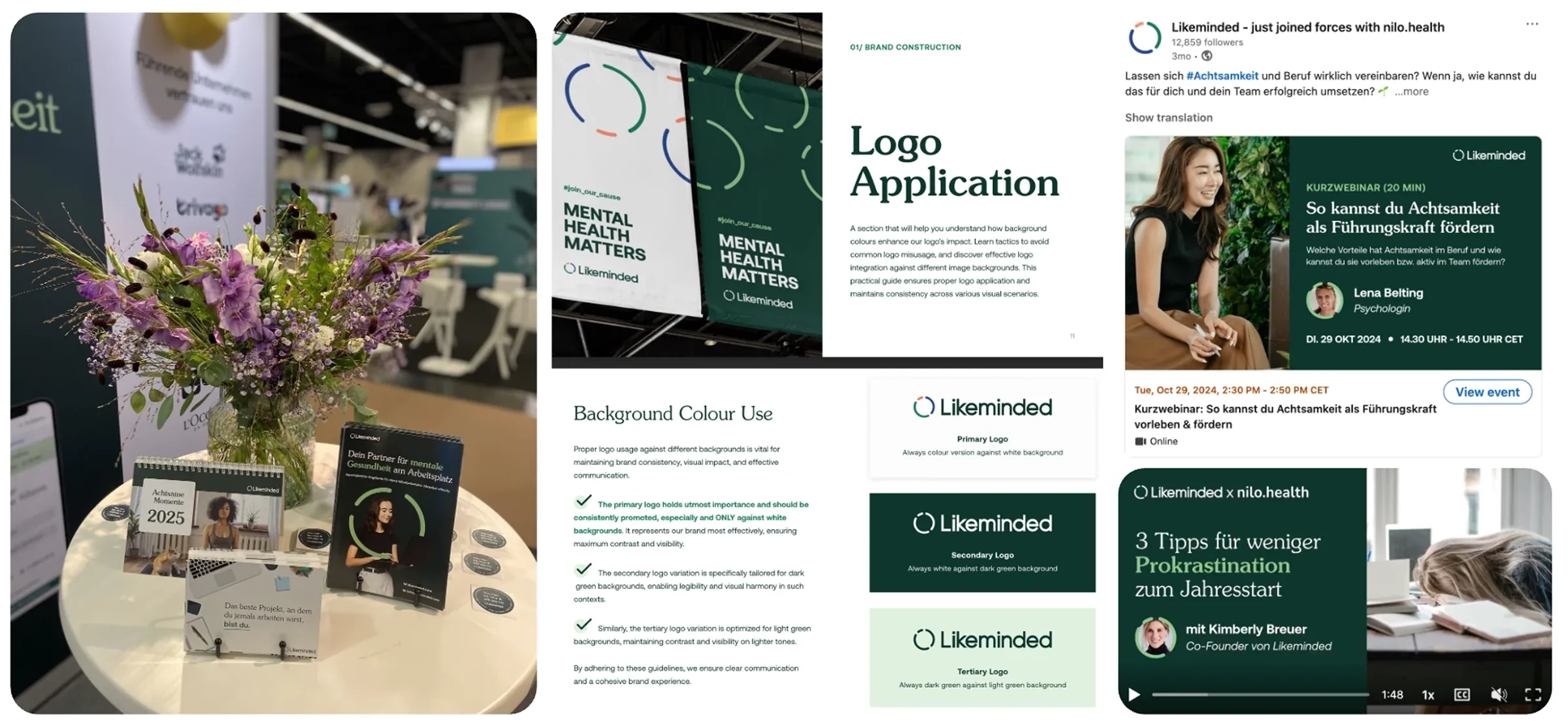 The marketing brand system in use: trade show stand and printed collateral, the logo application guidelines, and campaign and webinar graphics for social