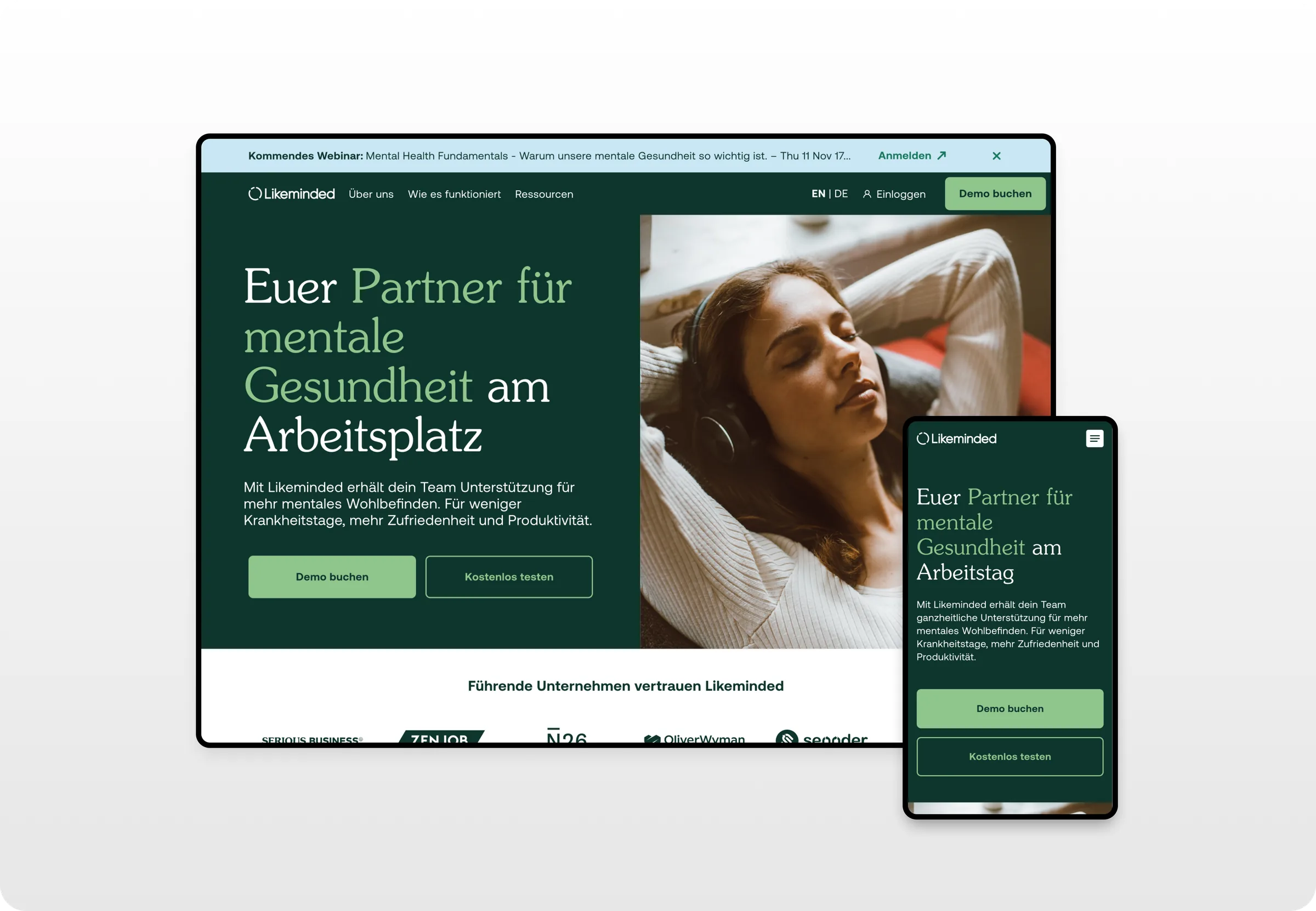 The rebuilt marketing site: the new green identity, a clearer value proposition for HR buyers and demo and trial calls to action, on desktop and mobile