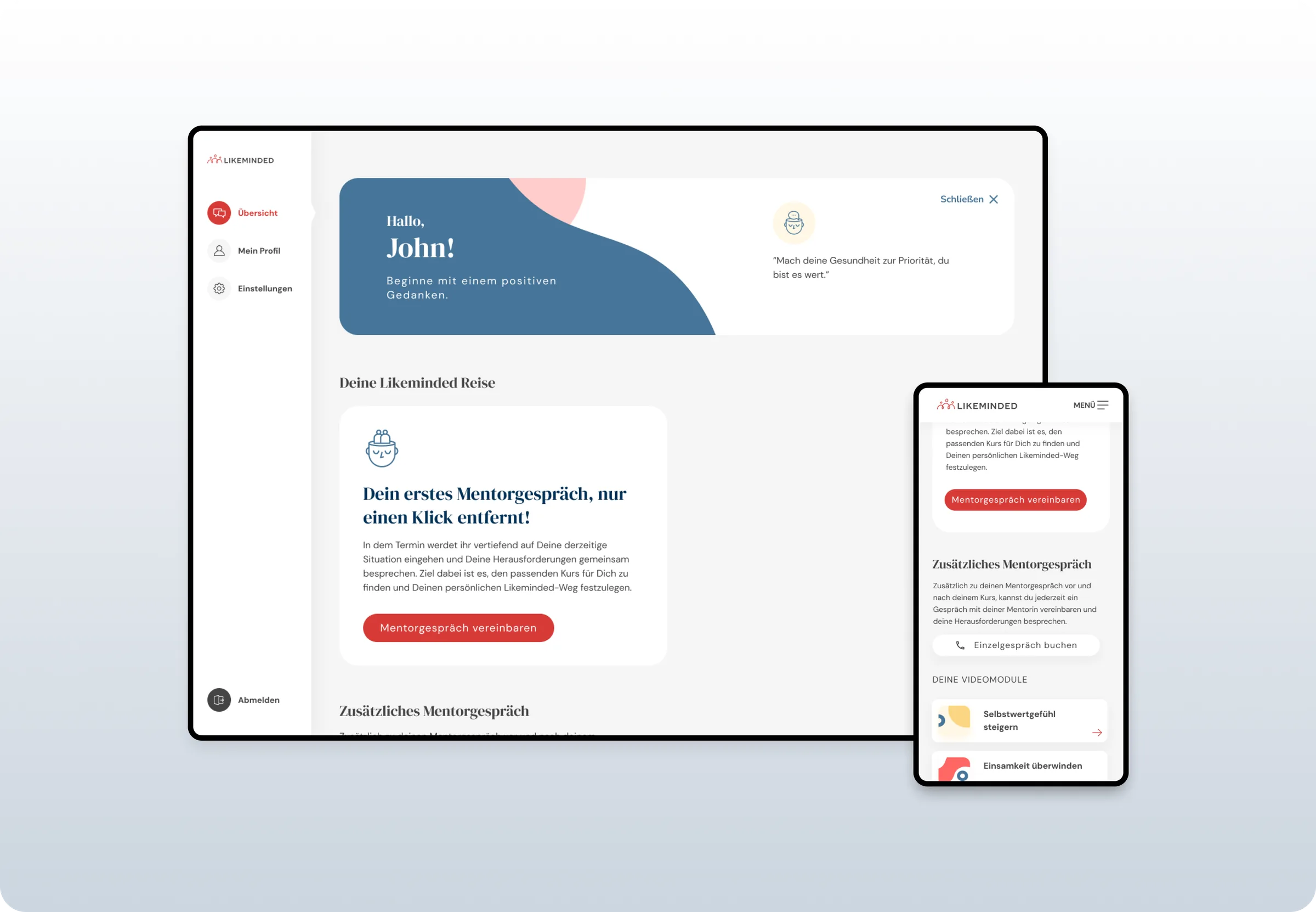 The inherited B2C app: the original red and navy interface, with the mentor session journey on desktop and mobile