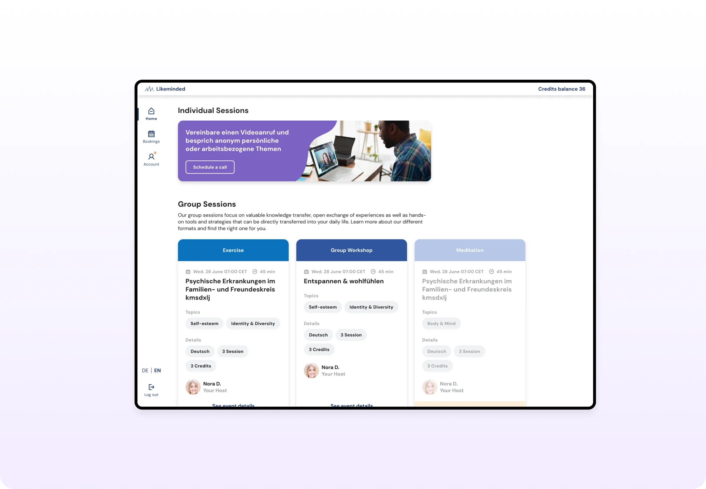 The consumer platform the pivot moved away from: individual and group sessions booked one at a time