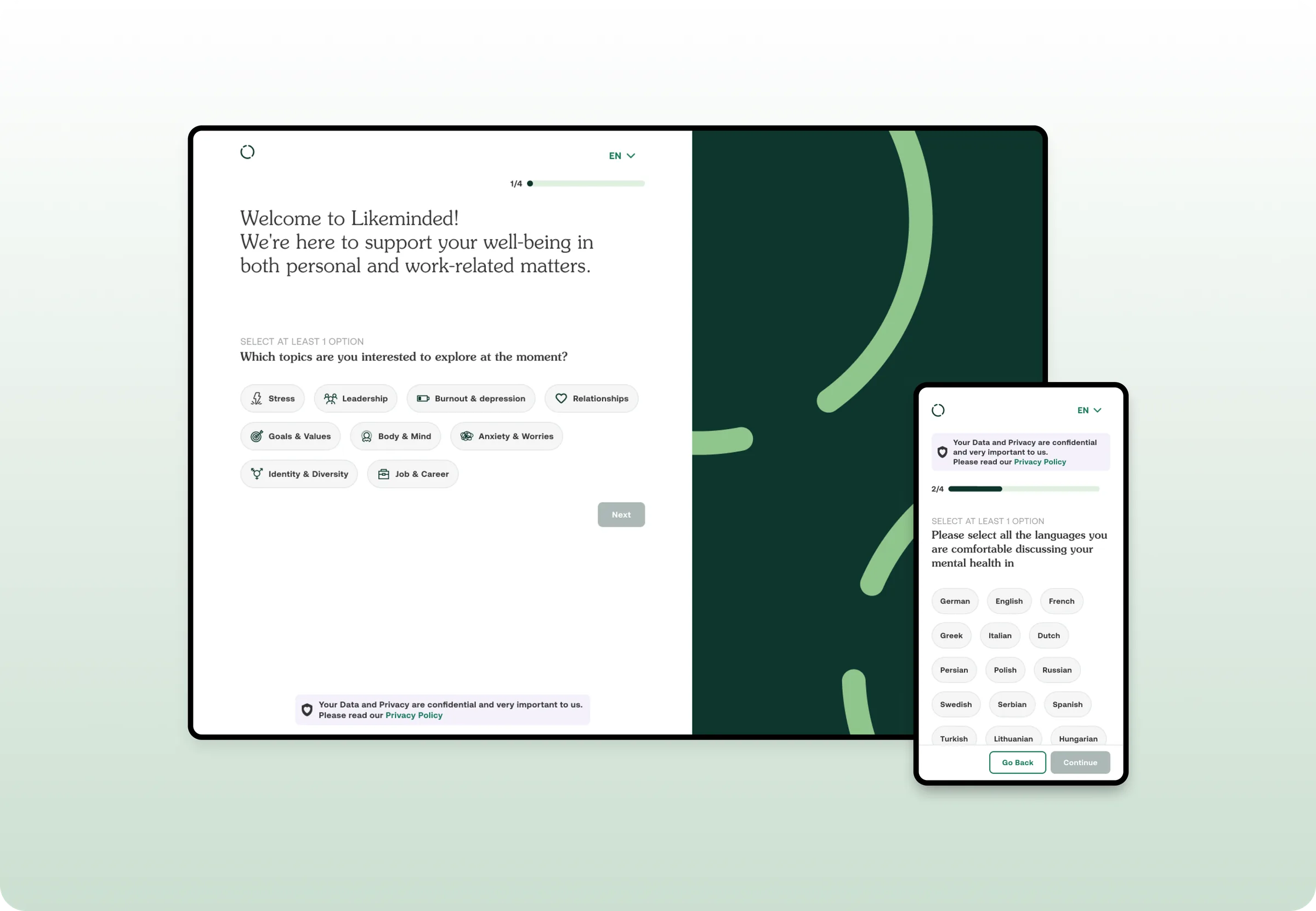 The onboarding flow: a four step wizard asking which topics the user wants to explore and which languages they are comfortable in