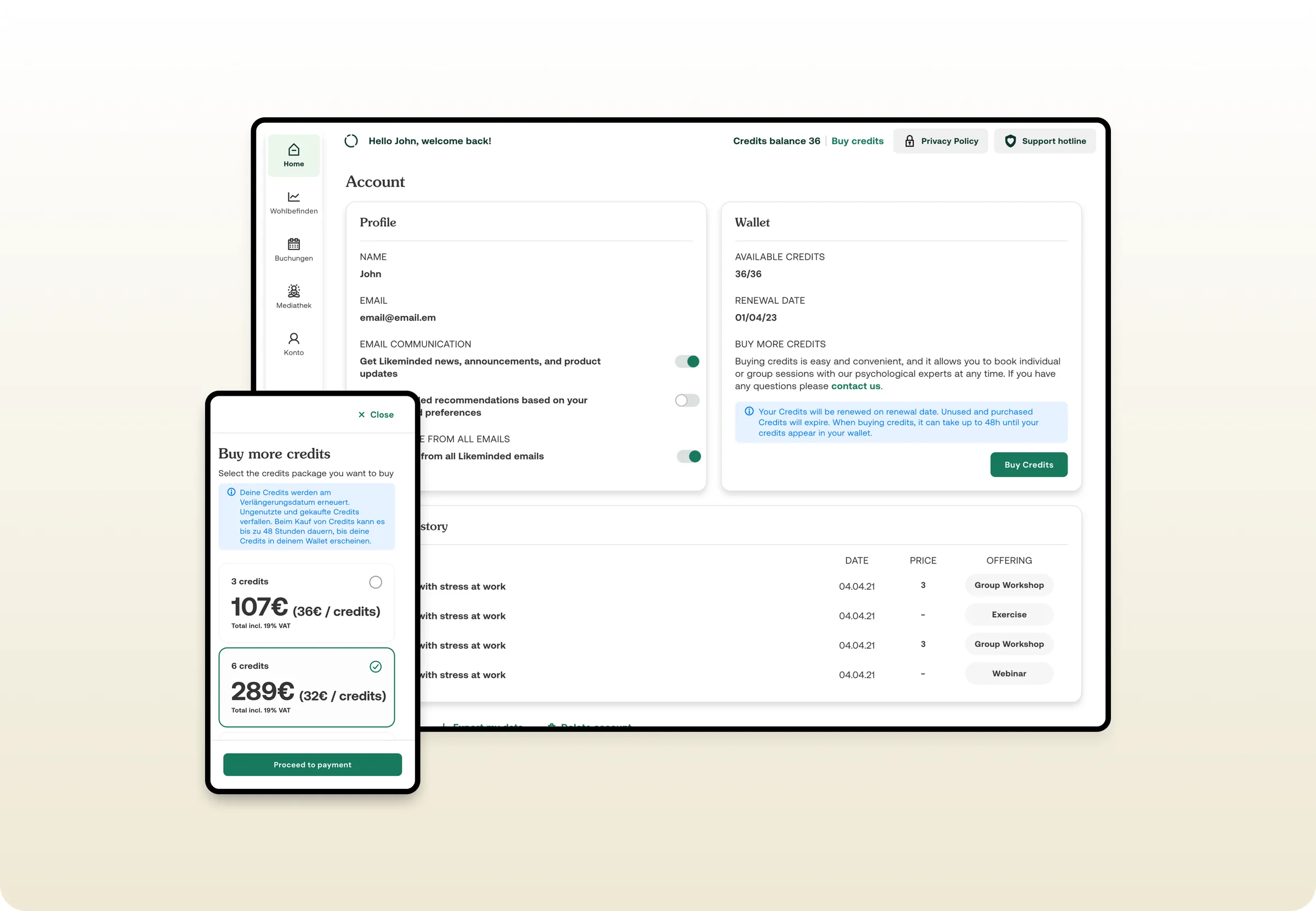 The payment funnel: account wallet, credit balance and the buy more credits flow
