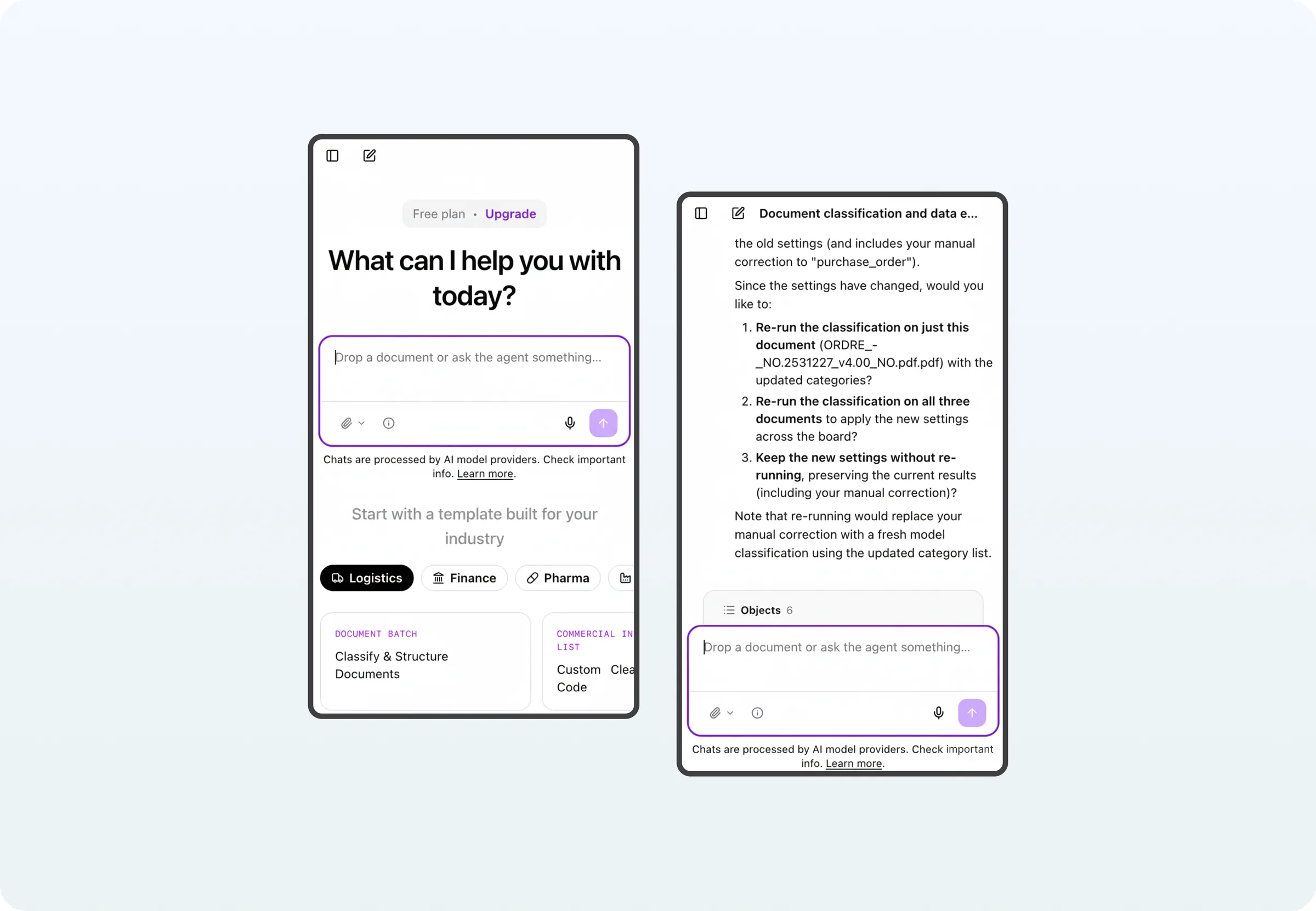 The agentic chat in two states: a new chat inviting the user to drop a document or ask the agent something, with industry templates below it, and an ongoing chat where the agent explains a settings change and offers three ways to proceed