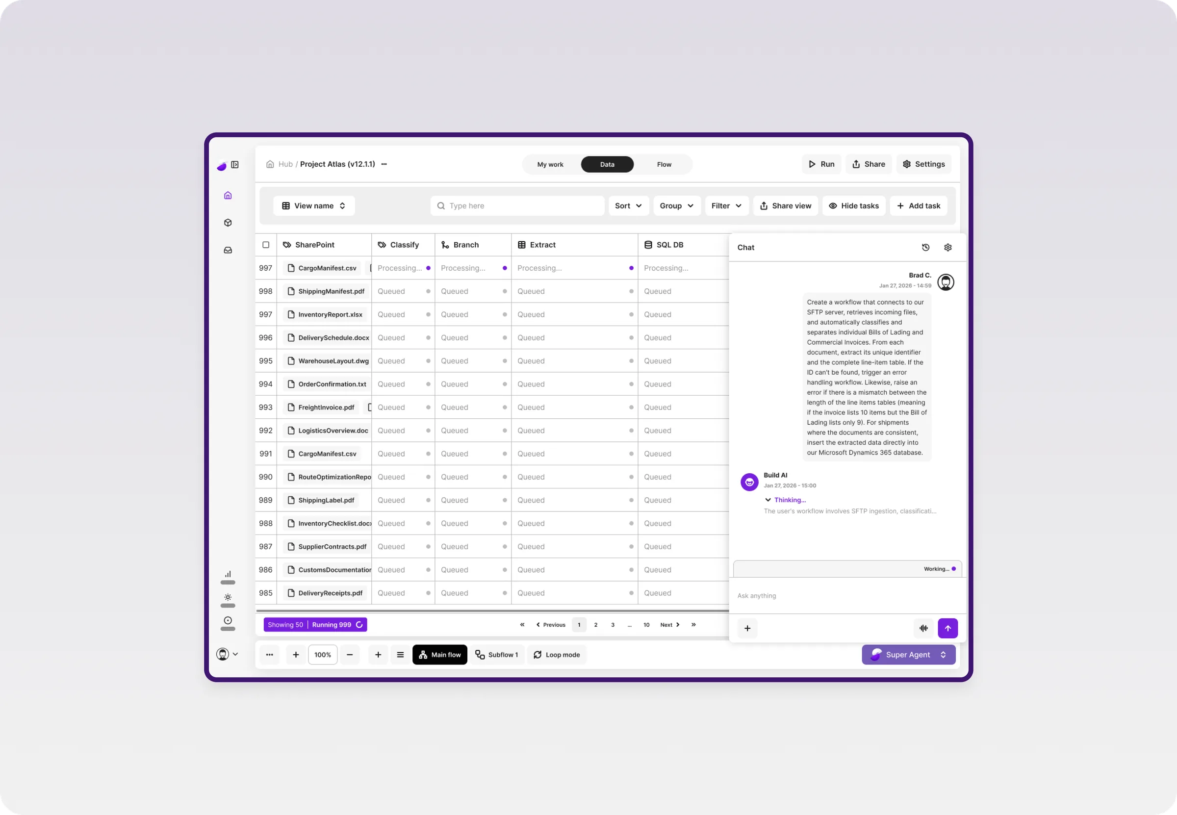 The data view while a flow runs: a table of documents moving through classify, branch, extract and database steps, with the chat panel alongside showing the request the user wrote and the agent working through it